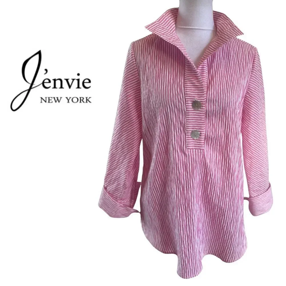 J’Envie Havana Pink White Stripe Long Sleeve cotton stretch seersucker tunic 8 M
